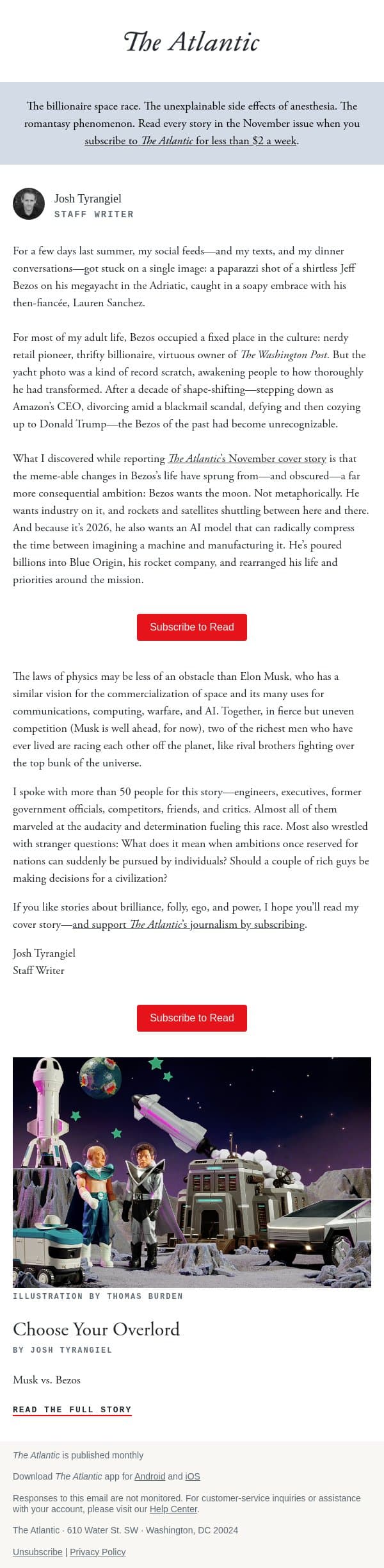 Choose your overlord: Musk vs. Bezos email from The Atlantic screenshot