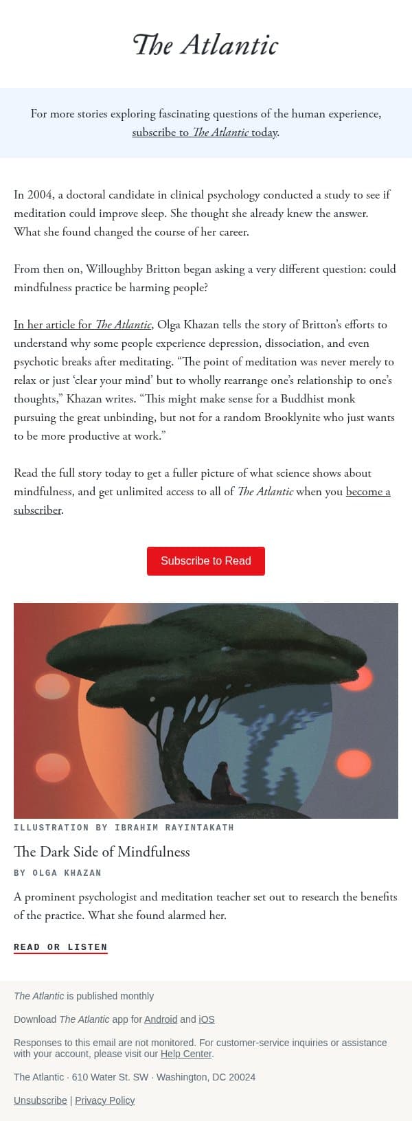 The dark side of mindfulness email from The Atlantic screenshot