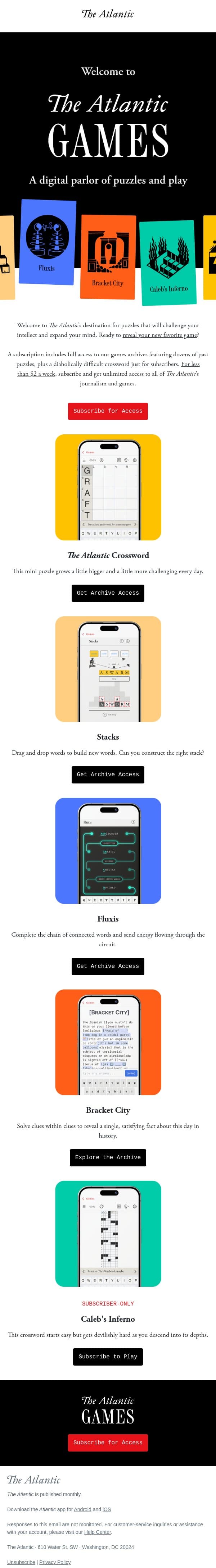 Challenges. Curiosities. Games of all kinds. email from The Atlantic screenshot
