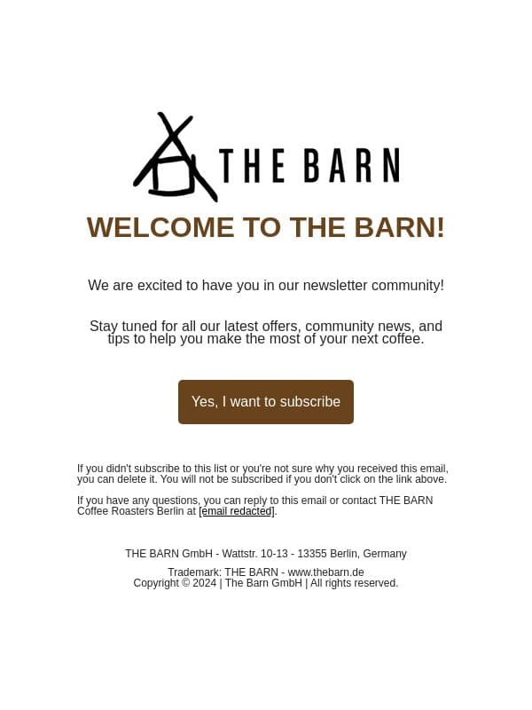 Confirm Your Newsletter Subscription email from The Barn