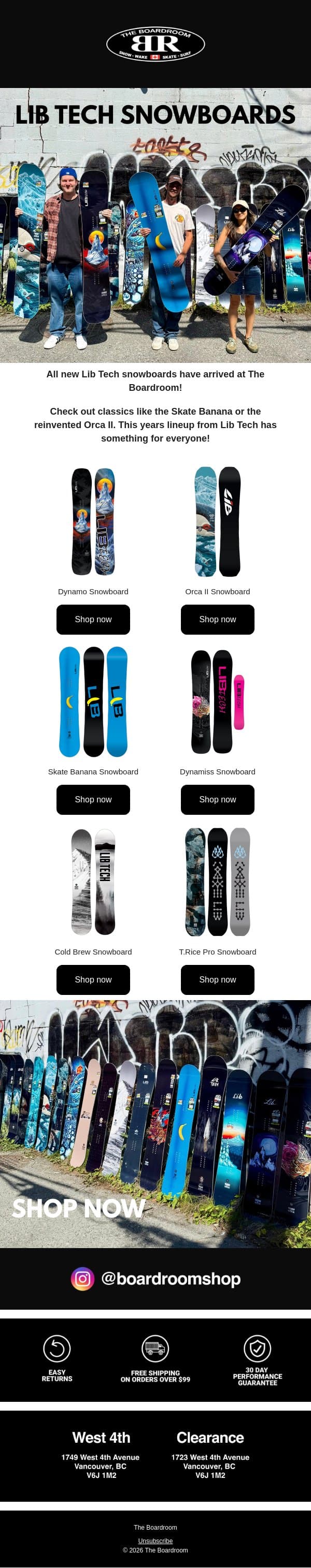 Lib Tech Snowboards Now Available! email from The Boardroom screenshot