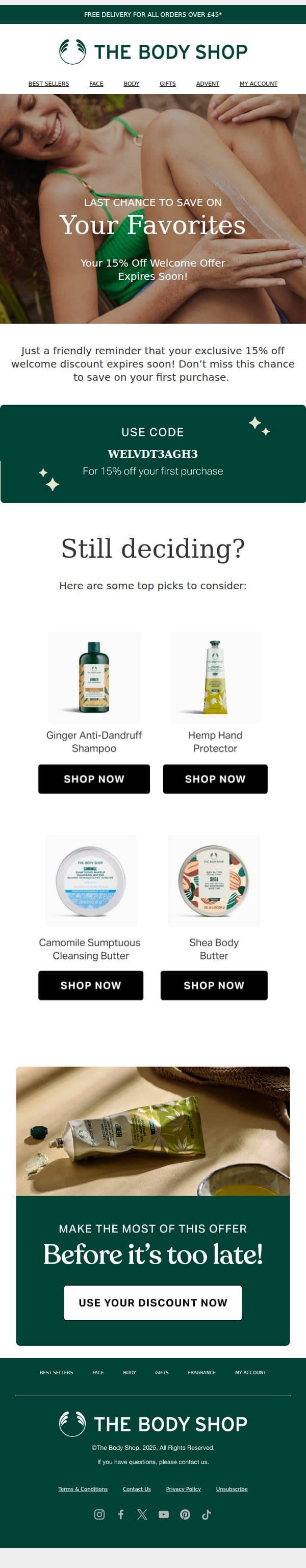 Hurry, Your Exclusive 15% Off Expires Soon! ⏰ email from The Body Shop screenshot