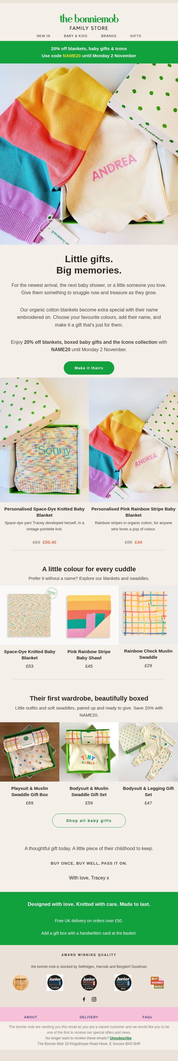 Little gifts, big memories. Enjoy 20% off email from The Bonnie Mob screenshot