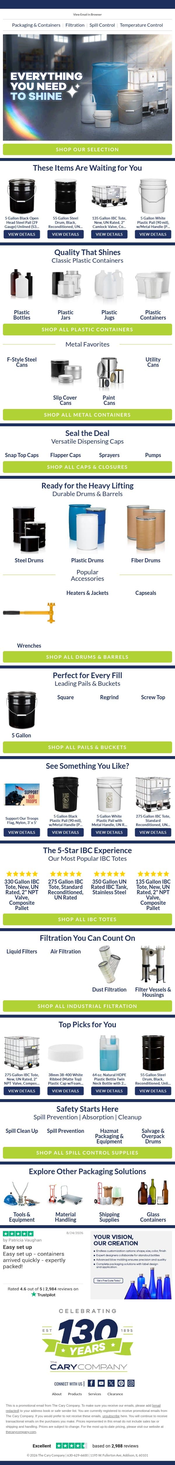 Big Packaging Selection, Bright Possibilities email from The Cary Company screenshot