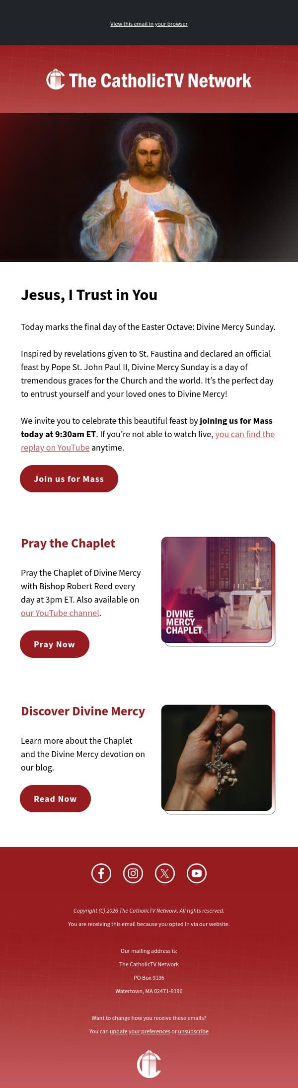 Join us for Divine Mercy Sunday email from The CatholicTV Network screenshot