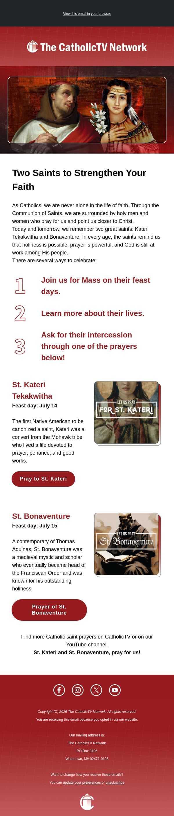 Pray with two great saints email from The CatholicTV Network screenshot