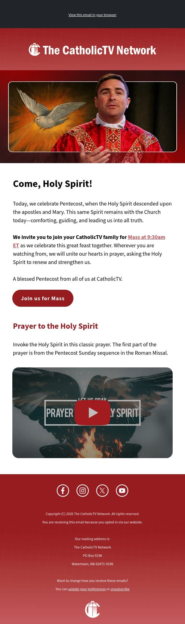 Celebrate Pentecost with your CatholicTV family email from The CatholicTV Network screenshot