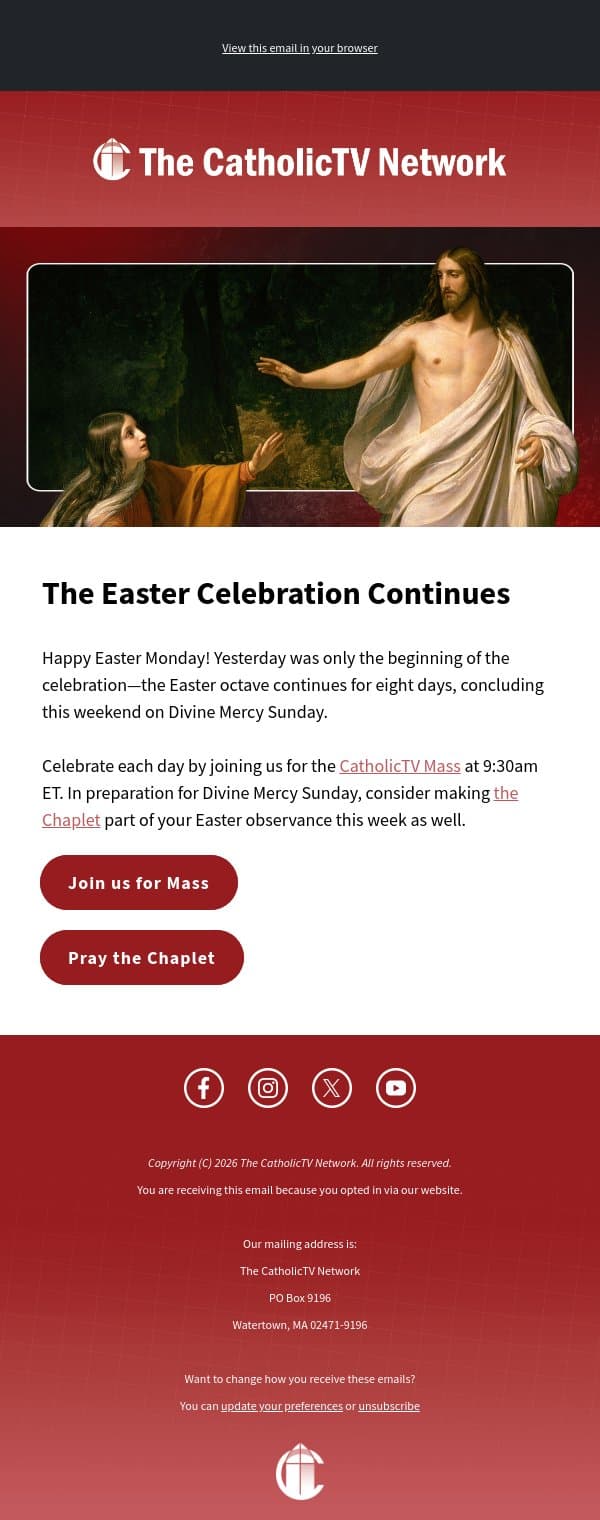 Celebrate Easter all week long email from The CatholicTV Network screenshot