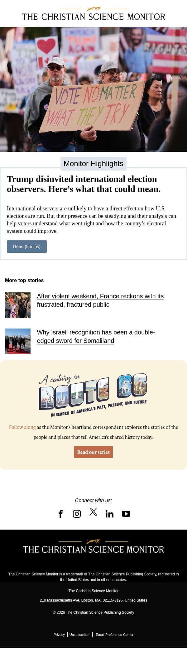 Trump disinvited international election observers. Here’s what that could mean. email from The Christian Science Monitor screenshot