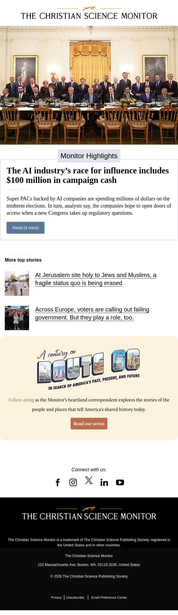 The AI industry’s race for influence includes $100 million in campaign cash email from The Christian Science Monitor screenshot