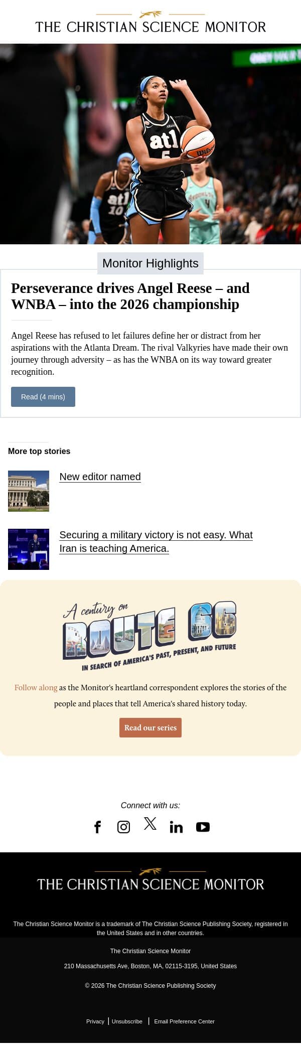 Perseverance drives Angel Reese – and WNBA – into the 2026 championship email from The Christian Science Monitor screenshot