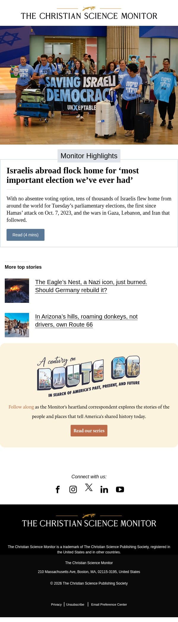 Israelis abroad flock home for ‘most important election we’ve ever had’ email from The Christian Science Monitor screenshot