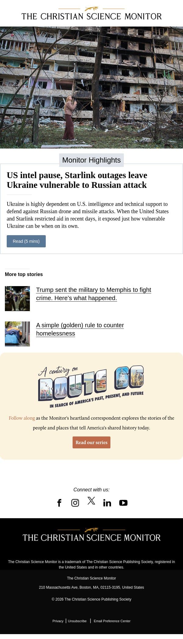 US intel pause, Starlink outages leave Ukraine vulnerable to Russian attack email from The Christian Science Monitor screenshot