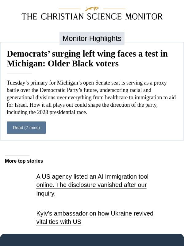 Democrats’ surging left wing faces a test in Michigan: Older Black voters email from The Christian Science Monitor