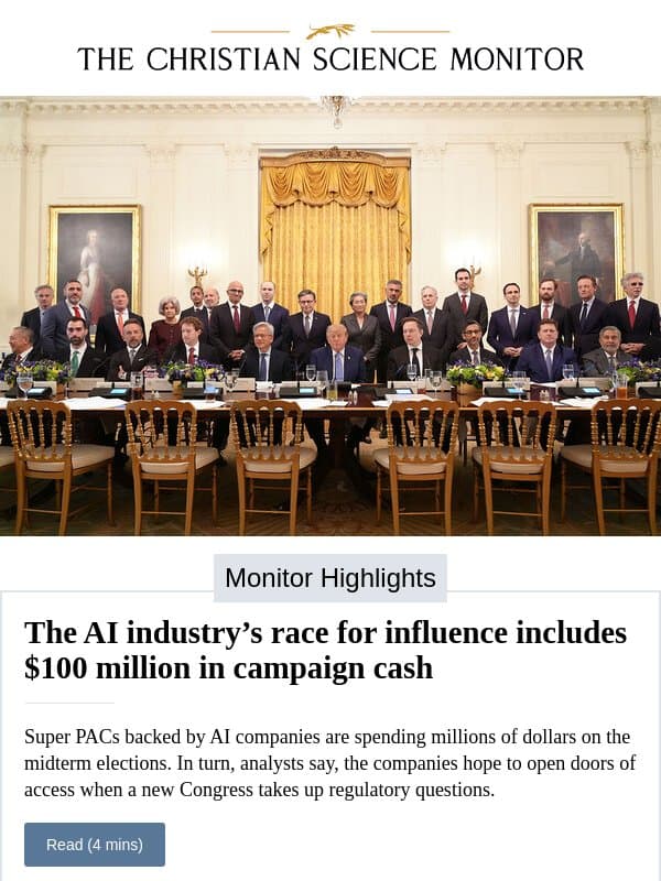 The AI industry’s race for influence includes $100 million in campaign cash email from The Christian Science Monitor