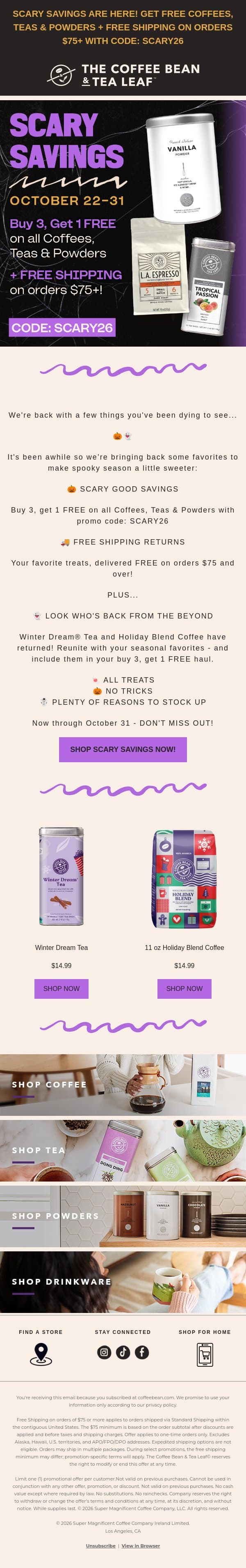 No tricks. Get FREE Coffees, Teas & Powders! 👻 email from The Coffee Bean & Tea Leaf screenshot