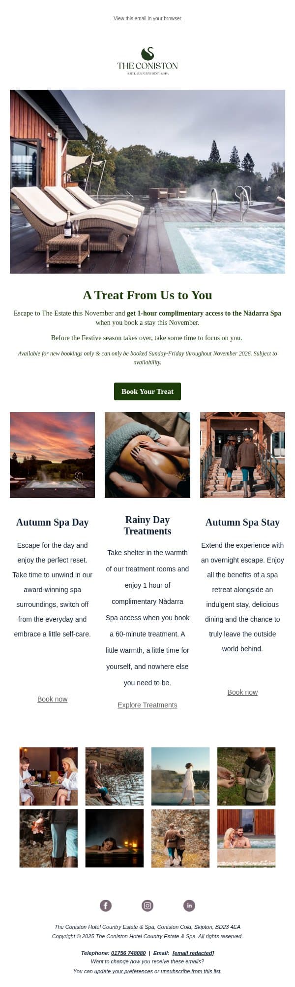 Free Spa Access with November Stays email from The Coniston Hotel screenshot