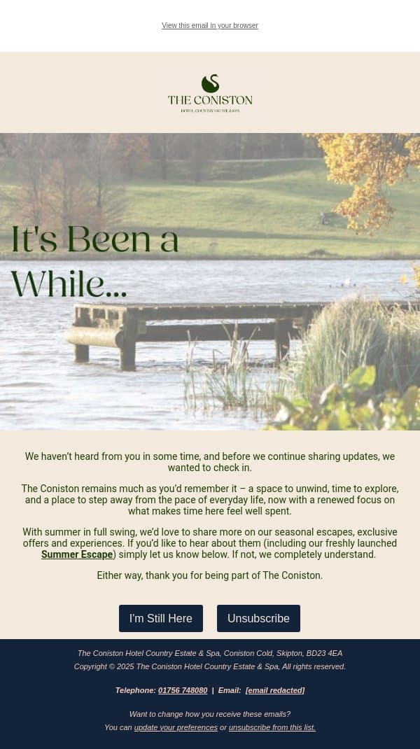 It's Been a While email from The Coniston Hotel screenshot