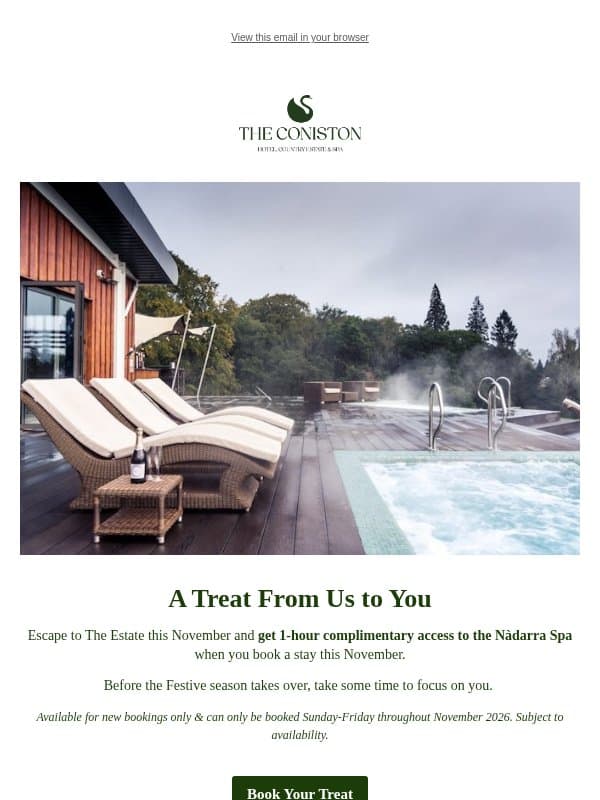 Free Spa Access with November Stays email from The Coniston Hotel