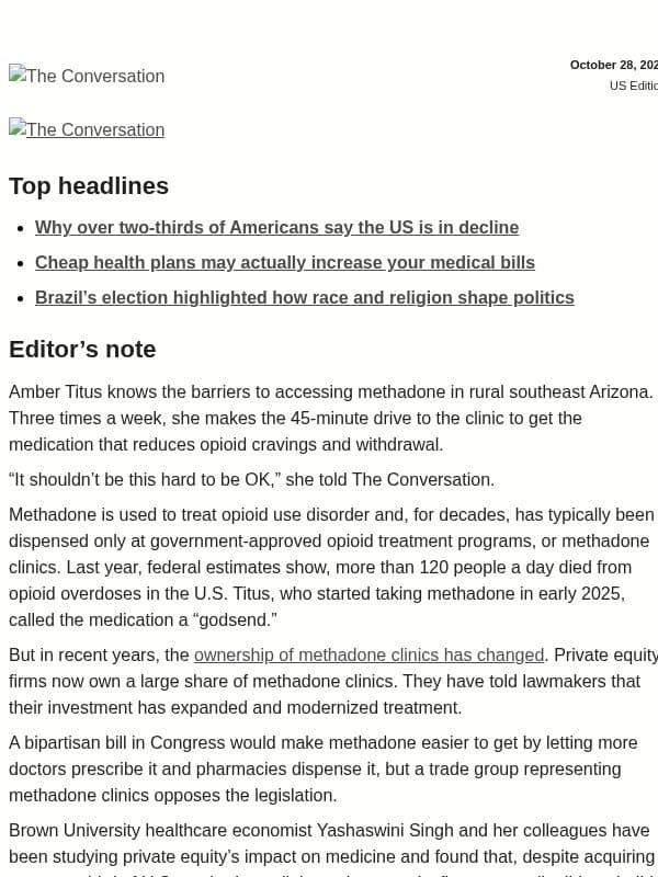 How private equity is reshaping access to methadone treatment email from The Conversation
