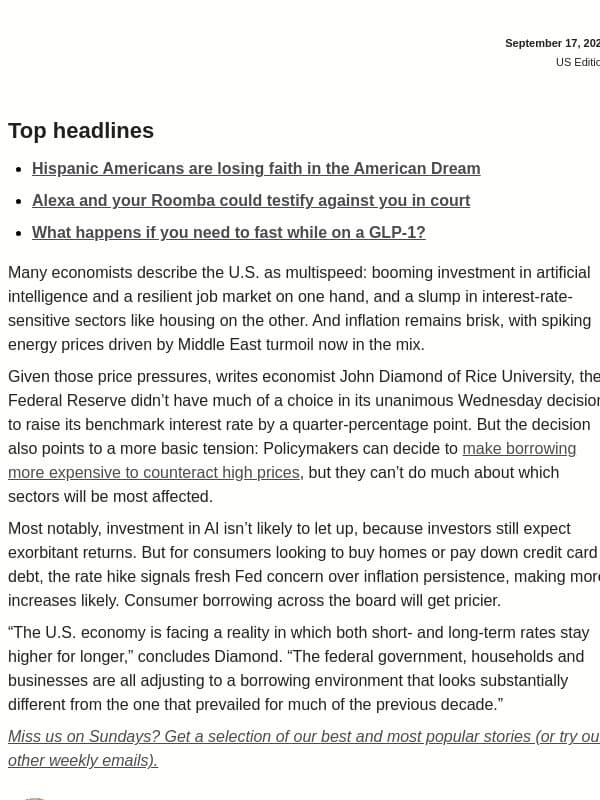 High US interest rates likely to stay β here's why email from The Conversation