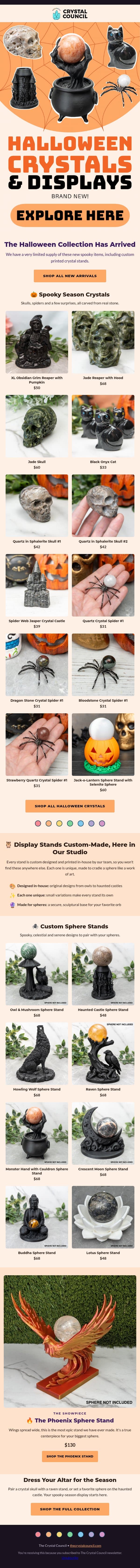 New Crystals for Halloween PLUS Custom Sphere Stands! email from The Crystal Council screenshot