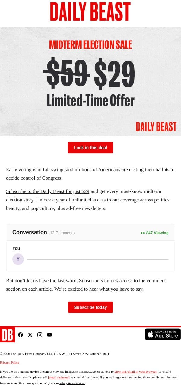 Midterm election sale: Subscribe for 50% off email from The Daily Beast screenshot