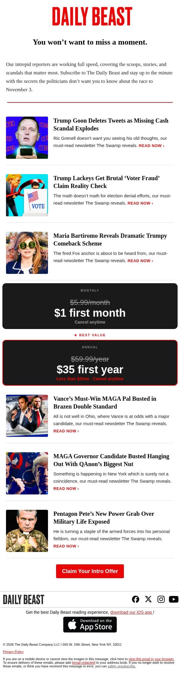 All the stories politicians don't want you to know before you vote. email from The Daily Beast screenshot
