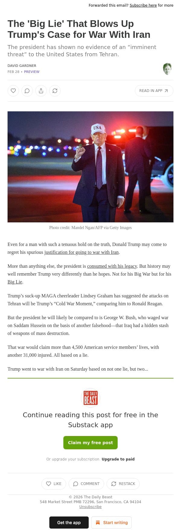 The 'Big Lie' That Blows Up Trump's Case for War With Iran email from The Daily Beast screenshot