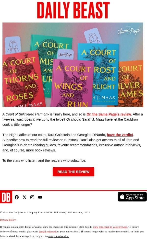 Was “A Court of Splintered Harmony” worth the wait? email from The Daily Beast screenshot