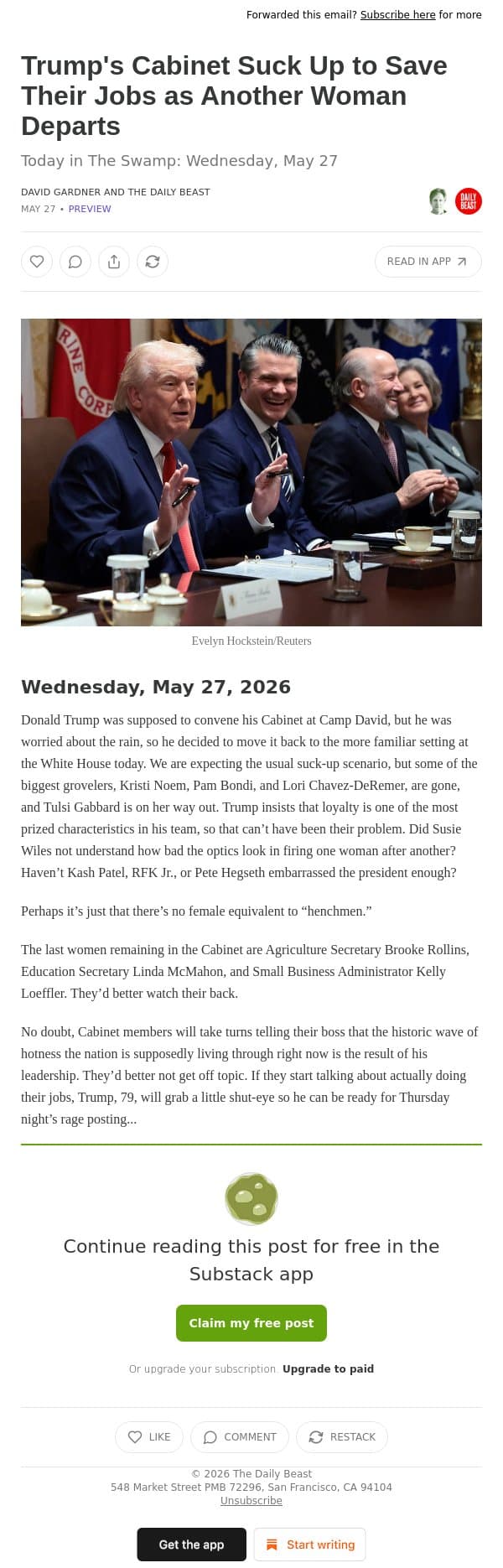Trump's Cabinet Suck Up to Save Their Jobs as Another Woman Departs email from The Daily Beast screenshot