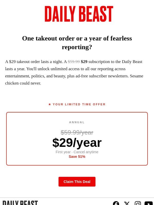 Subscribe & save 50% email from The Daily Beast