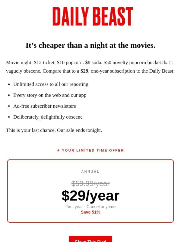 Only 24 hours left to save 50% email from The Daily Beast
