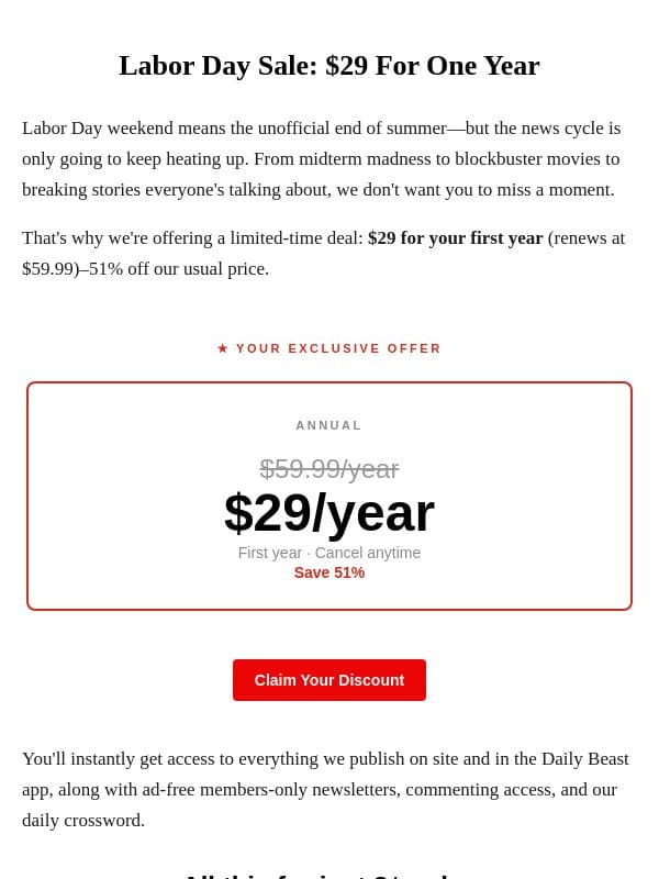 Save 51% on a subscription for Labor Day email from The Daily Beast