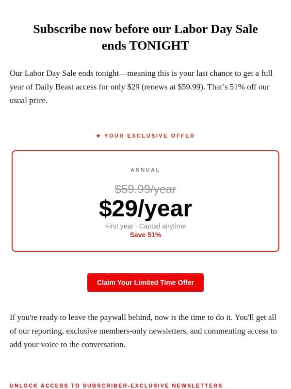 Last Chance: our Labor Day Sale ends tonight email from The Daily Beast