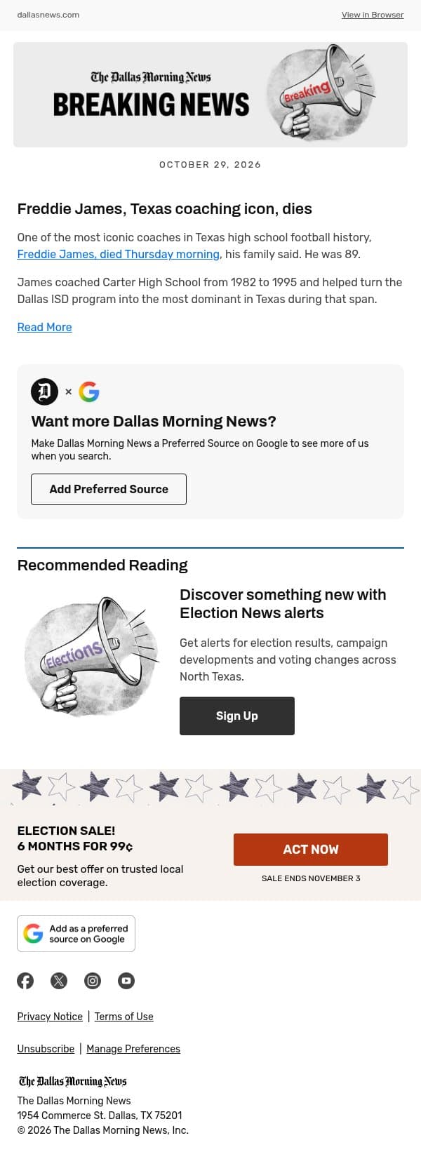 Freddie James, Texas coaching icon, dies email from The Dallas Morning News screenshot