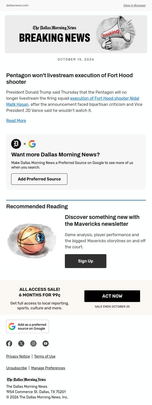 Pentagon won't livestream execution of Fort Hood shooter email from The Dallas Morning News screenshot