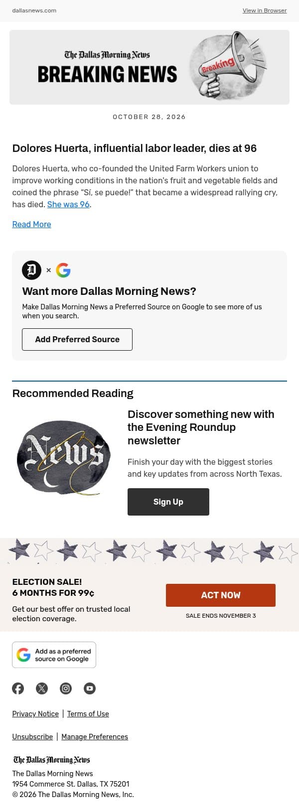 Dolores Huerta, influential labor leader, dies at 96 email from The Dallas Morning News screenshot