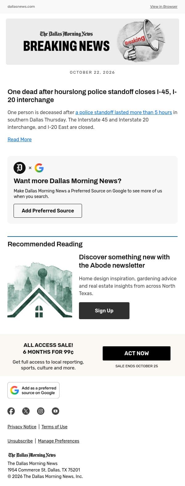 One dead after hourslong police standoff closes I-45, I-20 interchange email from The Dallas Morning News screenshot