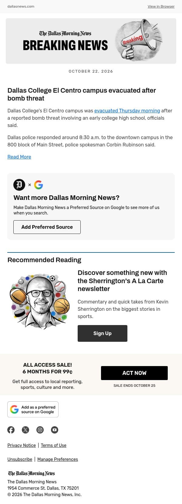 Dallas College El Centro campus evacuated after bomb threat email from The Dallas Morning News screenshot