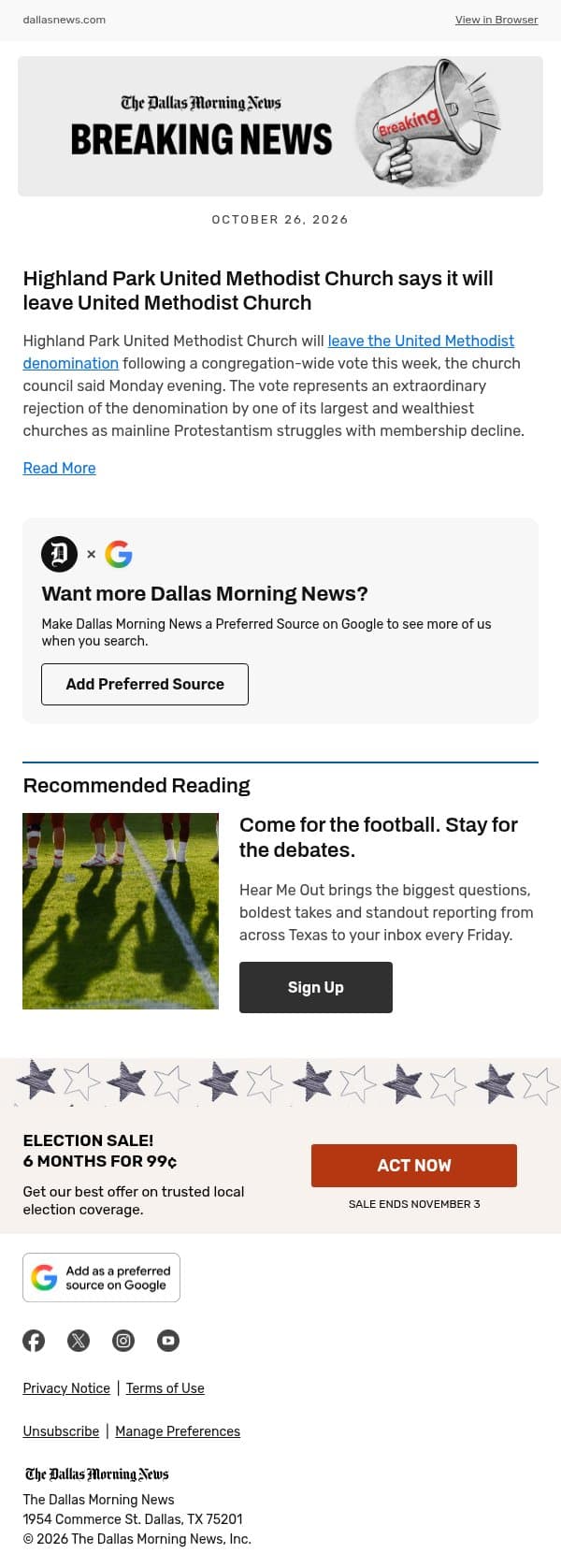Highland Park United Methodist Church says it will leave United Methodist Church email from The Dallas Morning News screenshot