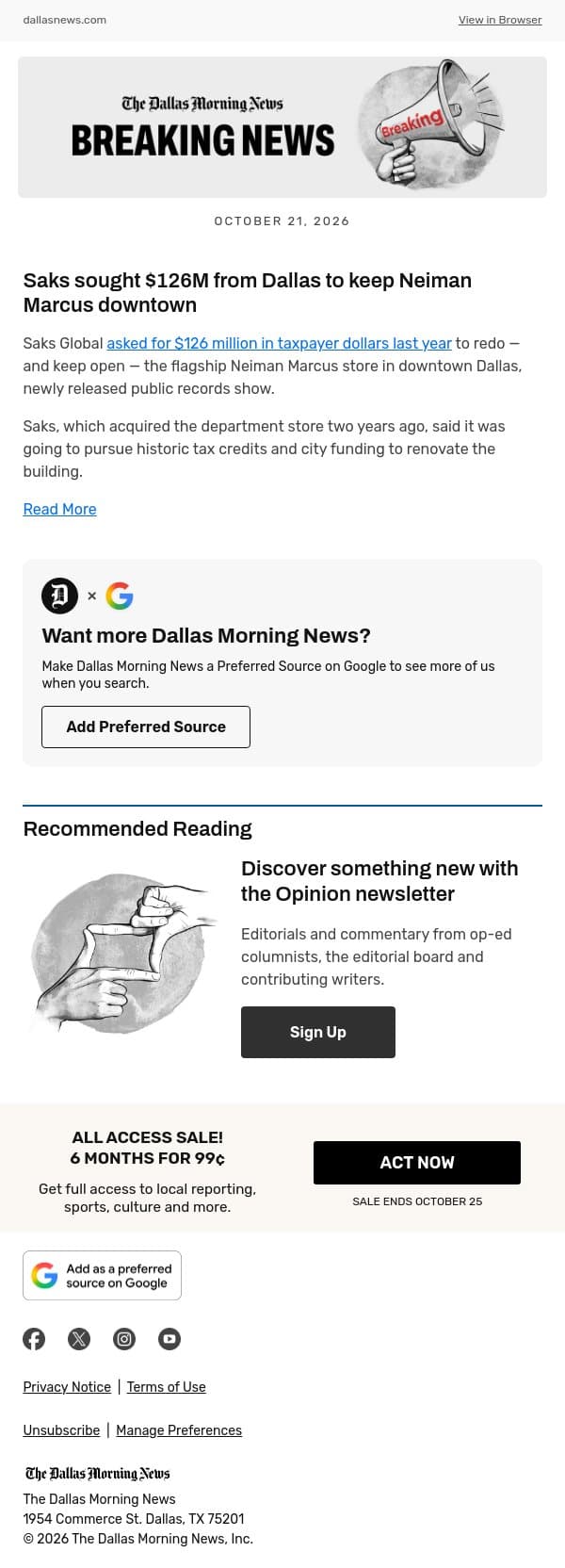 Saks sought $126M from Dallas to keep Neiman Marcus downtown email from The Dallas Morning News screenshot