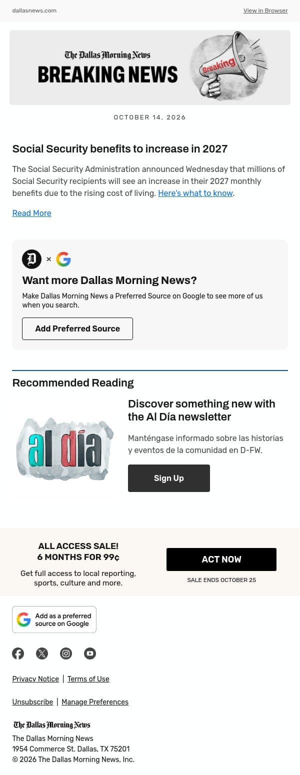 Social Security benefits to increase in 2027 email from The Dallas Morning News screenshot
