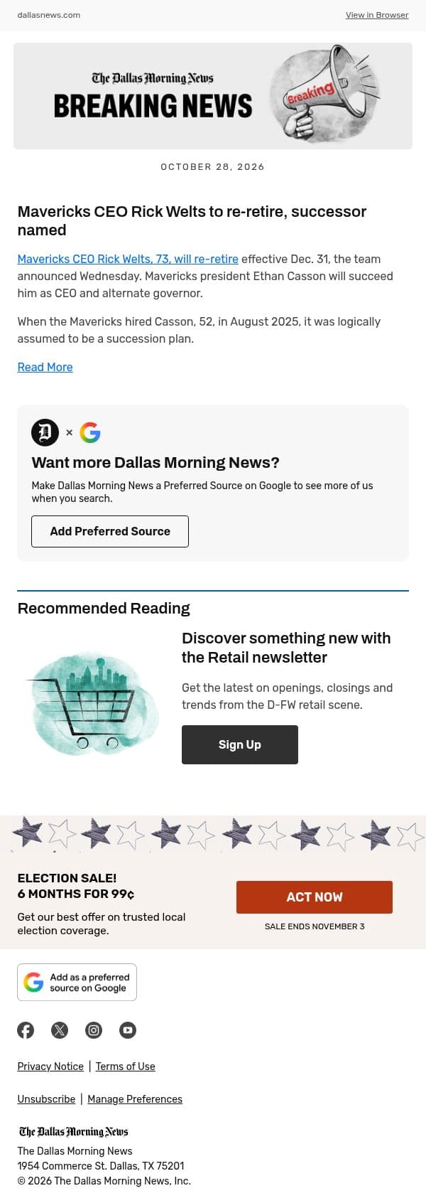 Mavericks CEO Rick Welts to re-retire, successor named email from The Dallas Morning News screenshot