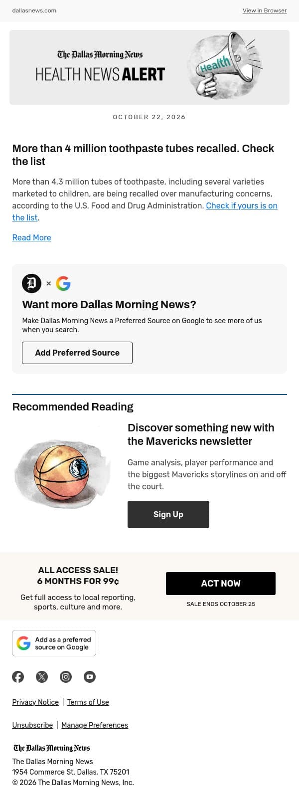 More than 4 million toothpaste tubes recalled. Check the list email from The Dallas Morning News screenshot
