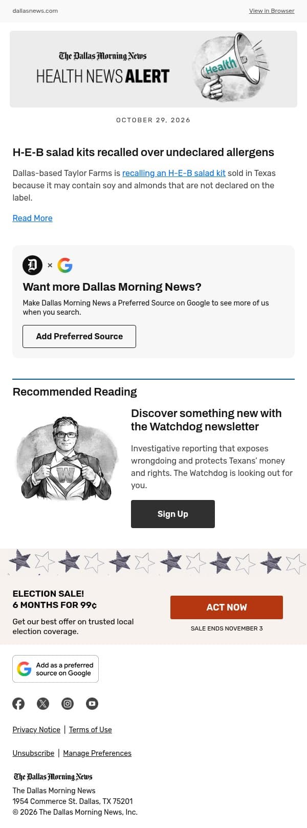 H-E-B salad kits recalled over undeclared allergens email from The Dallas Morning News screenshot