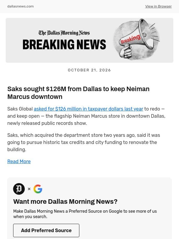 Saks sought $126M from Dallas to keep Neiman Marcus downtown email from The Dallas Morning News