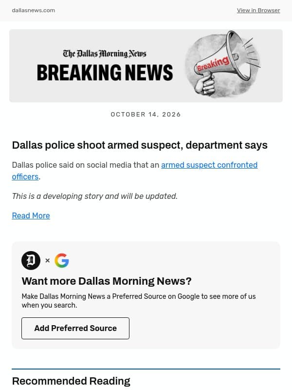 Dallas police shoot armed suspect, department says email from The Dallas Morning News