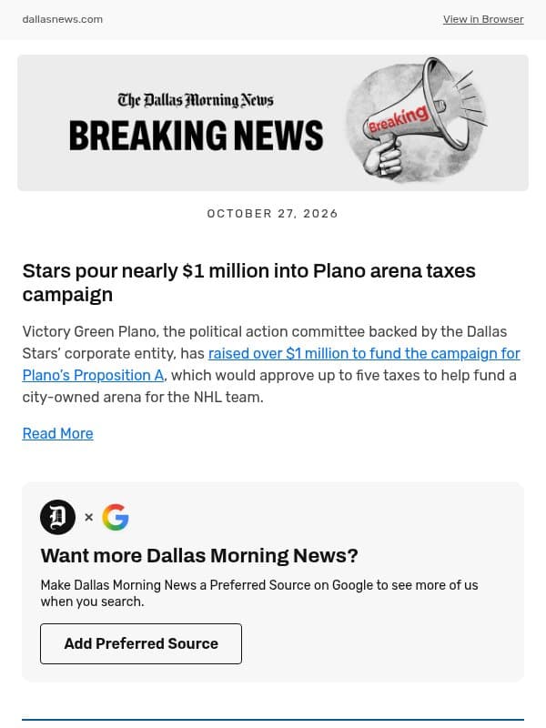 Stars pour nearly $1 million into Plano arena taxes campaign email from The Dallas Morning News