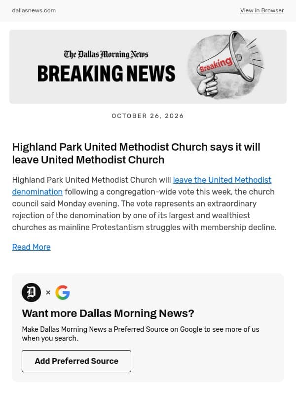 Highland Park United Methodist Church says it will leave United Methodist Church email from The Dallas Morning News